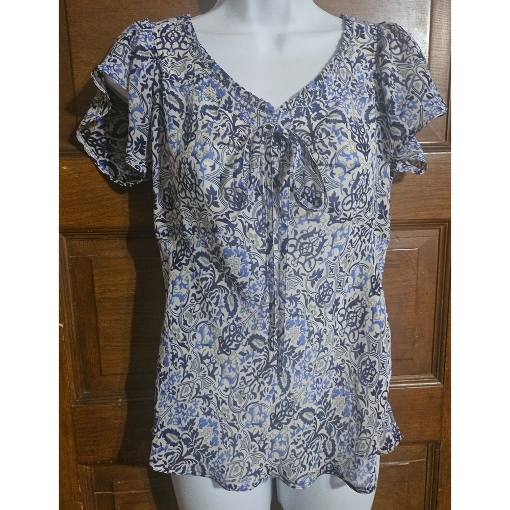 Belissimo Woman's Floral Printed Flutter Sleeve Semi Sheer Blouse